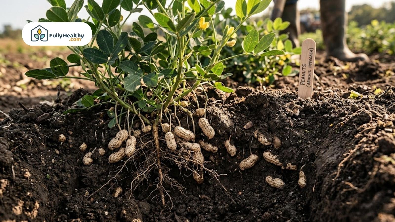 Peanut plant growing underground with visible roots and developing peanuts in soil