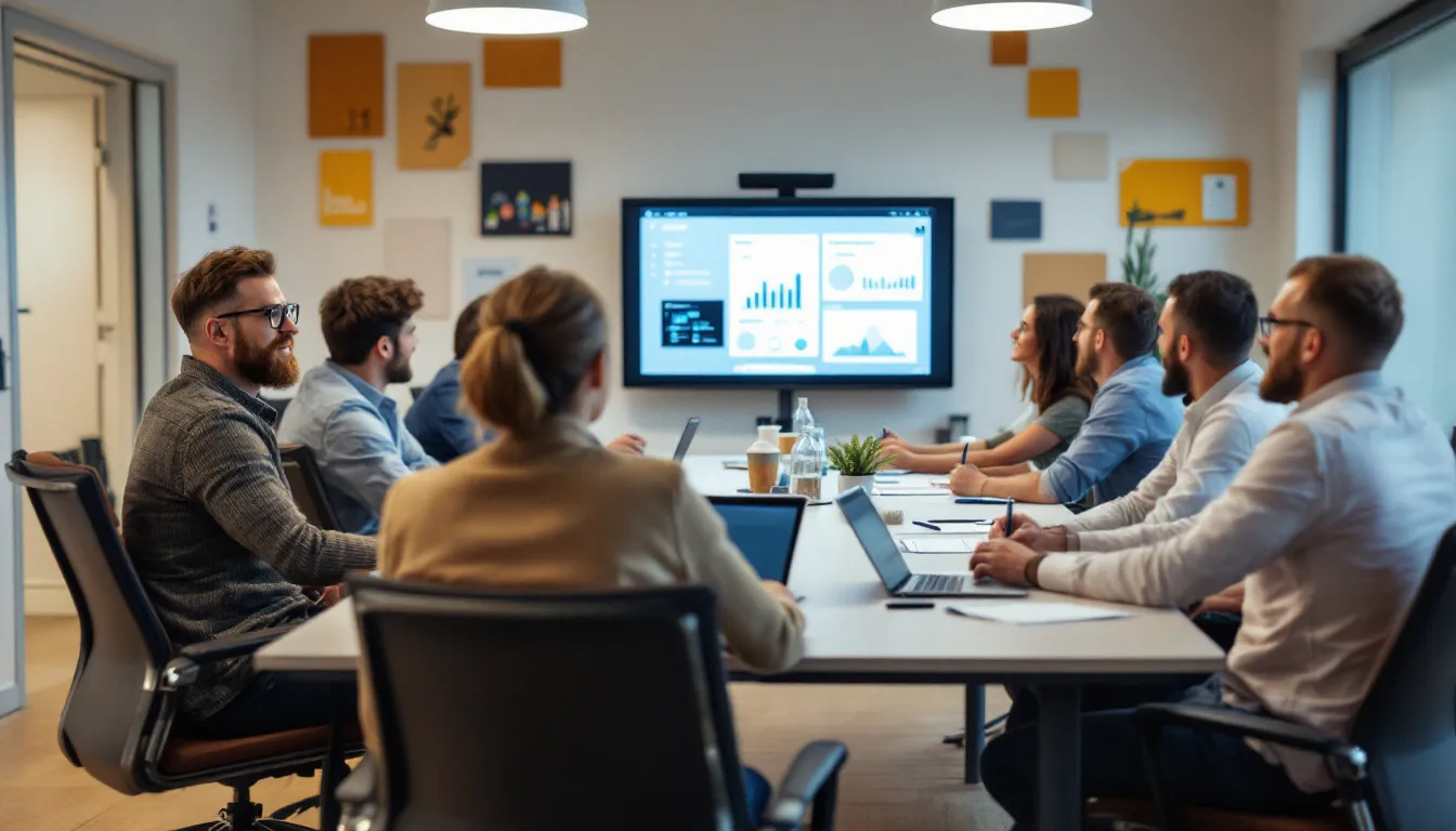 Gruppenfoto von Mitarbeitern bei einer Teambesprechung, um das Arbeitsklima zu verbessern. - Work Life Balance