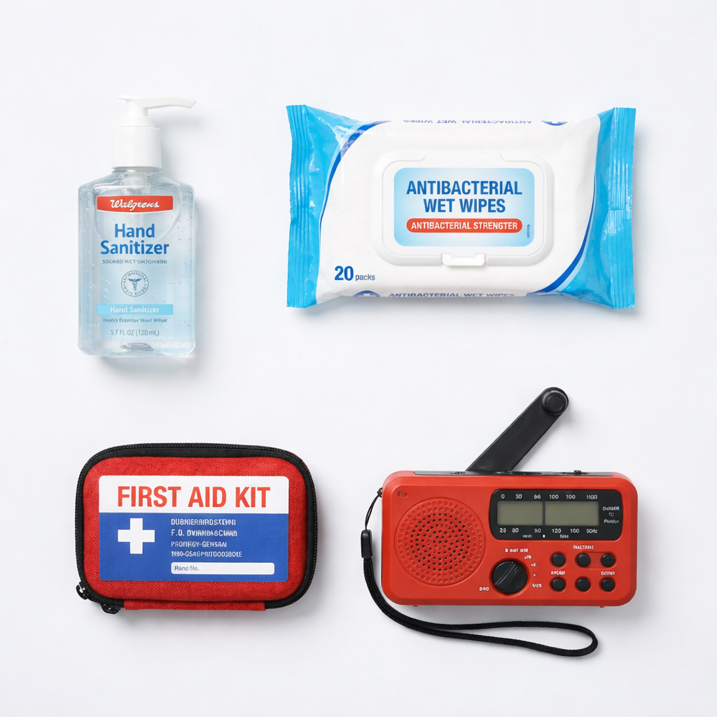 Essential non-food supplies for an emergency kit, including hand sanitizer, wet wipes, a first aid kit, and a crank radio.