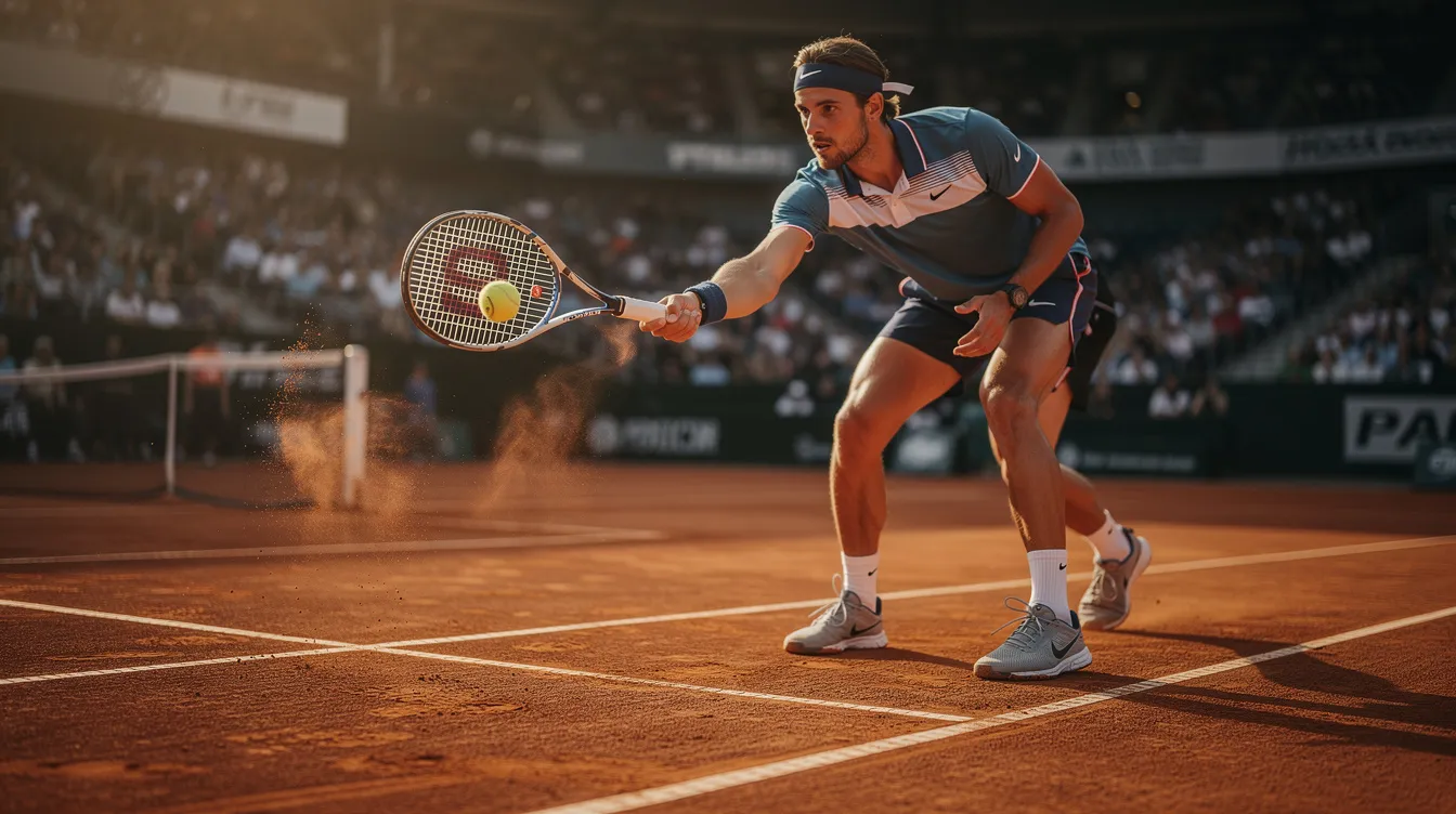 A tennis player is executing a soft drop shot near the net on a clay court, using a continental grip to control the ball's spin as it bounces gently into the opponent's service box. The player's focused stance and technique indicate a strategic offensive shot aimed at surprising their opponent.