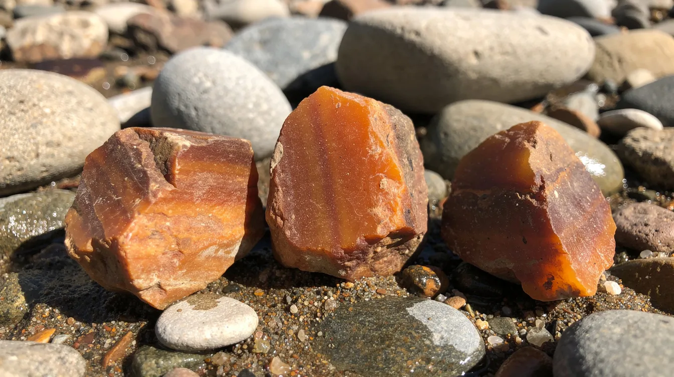 The image features raw carnelian nodules collected from river gravel, showcasing their natural orange and brown tones, along with distinctive white bands. These precious stones, often associated with ancient Egyptians and used in jewelry, exhibit the rich hues of iron oxide and chalcedony, highlighting their historical significance and beauty.
