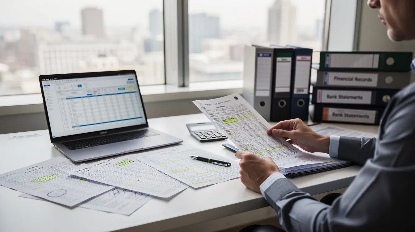 A forensic accountant is intently examining financial spreadsheets and bank documents at a desk, focused on uncovering details related to shareholder disputes and fiduciary duties within closely held corporations. The scene emphasizes the importance of accurate financial information in resolving conflicts and pursuing legal remedies in business litigation.