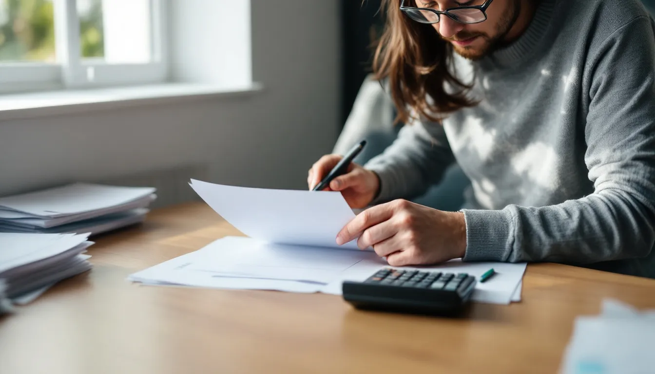 Uma pessoa está analisando documentos sobre regularização de imóveis em uma mesa, acompanhada de uma calculadora e uma caneta, evidenciando a importância da documentação correta, como escritura pública e certidões, no processo de regularização imobiliária.