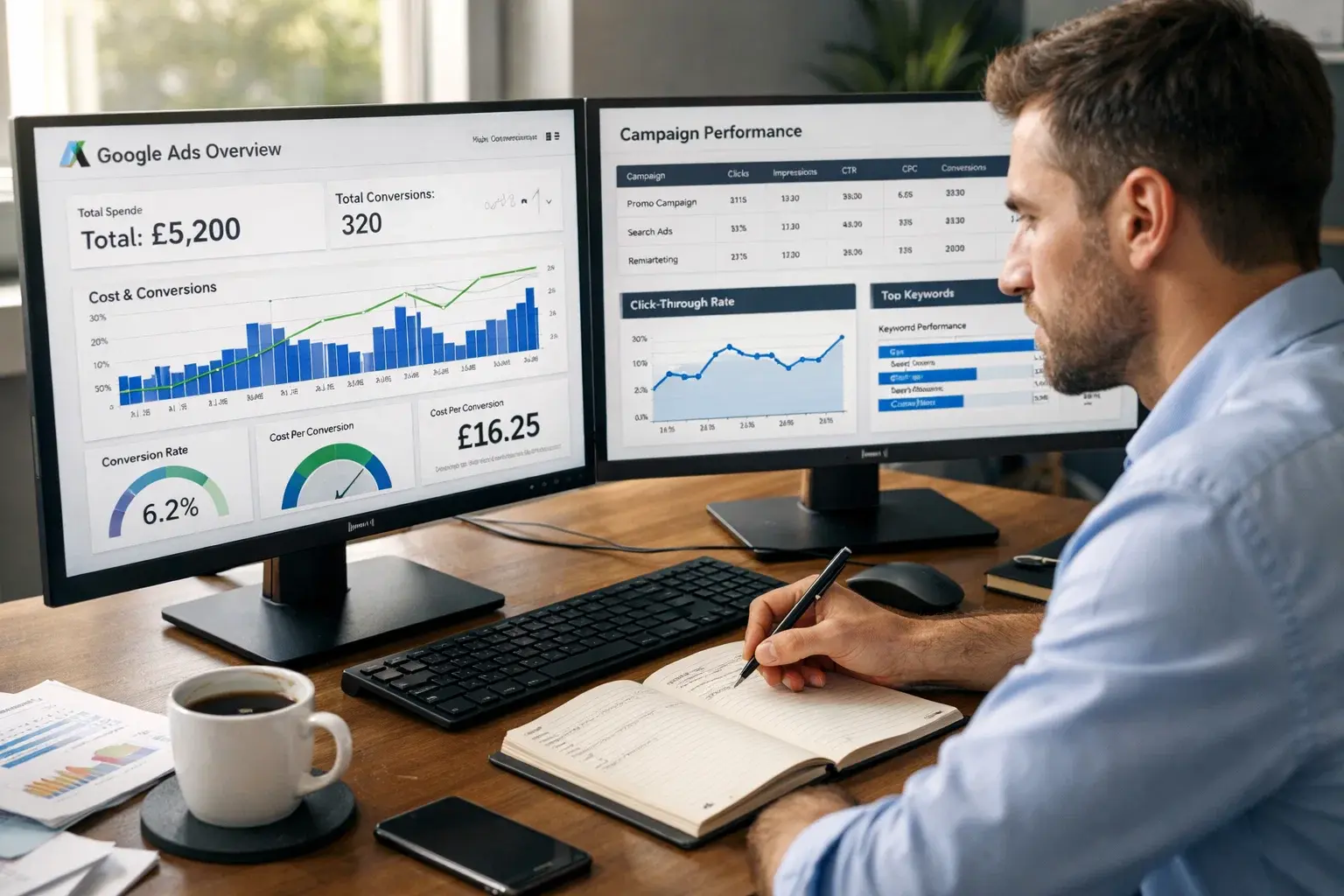 Marketing analyst reviewing PPC campaign performance and ad spend data.