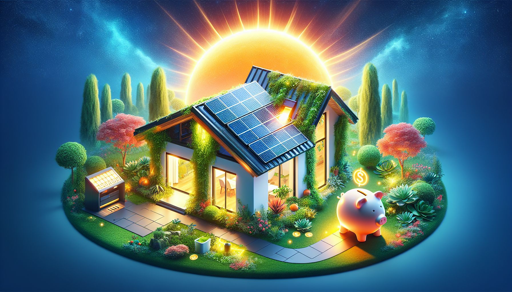 Illustration of home enhancement with solar power systems