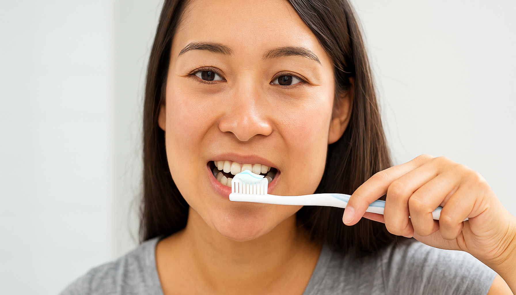 Tannkrem mot ising: Slik finner du riktig type 17 Kvinne børster tennene med tannbørste og blå tannkrem i et lyst baderomsmiljø.
