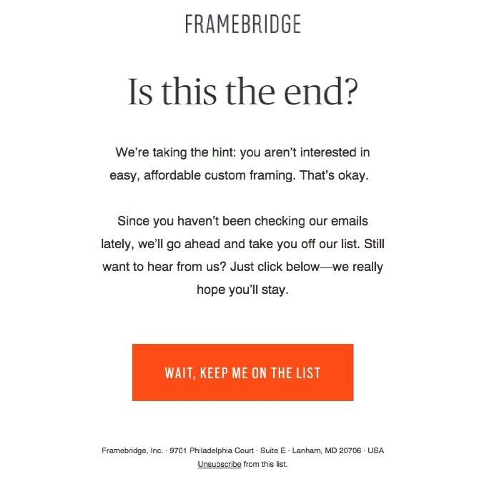 Framebrdige last chance win-back email