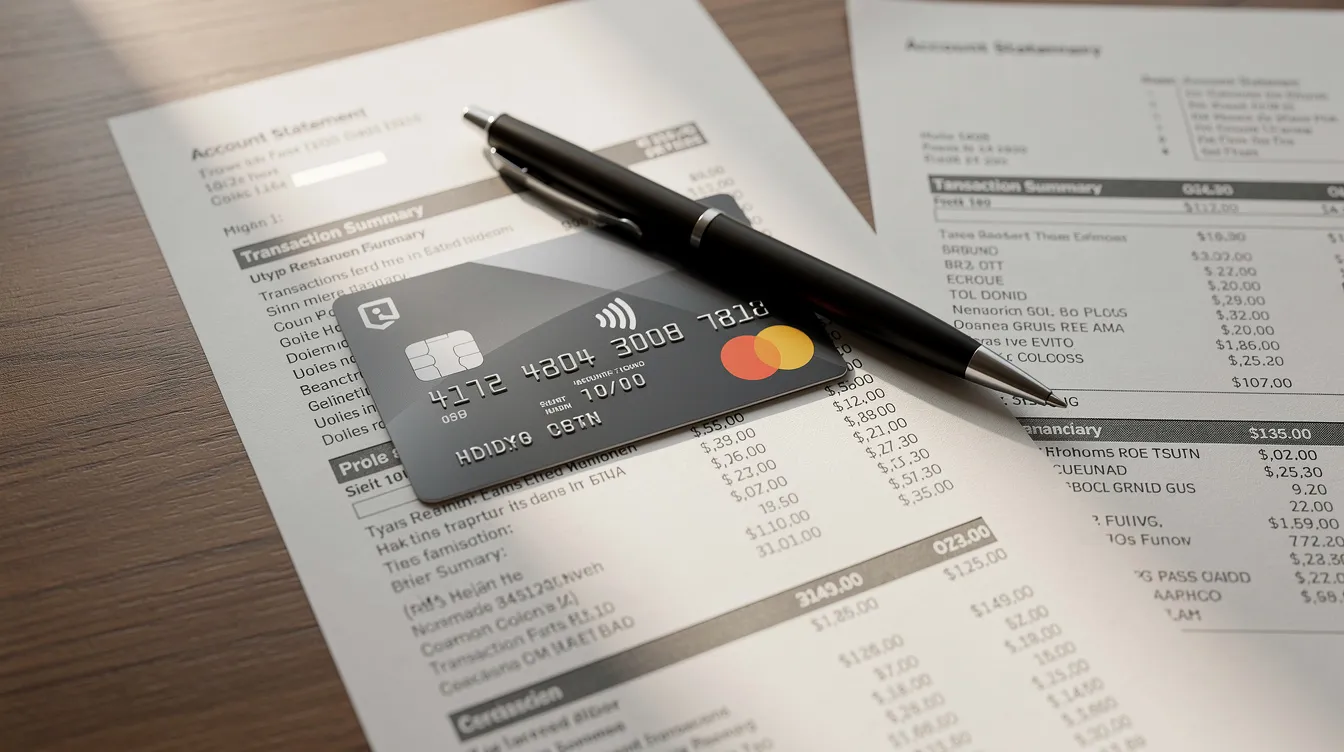 The image shows two credit cards and a pen placed on top of printed bank statements, all resting on a wooden desk. This setup suggests a focus on financial management, possibly related to 清 數 or managing one's financial status.