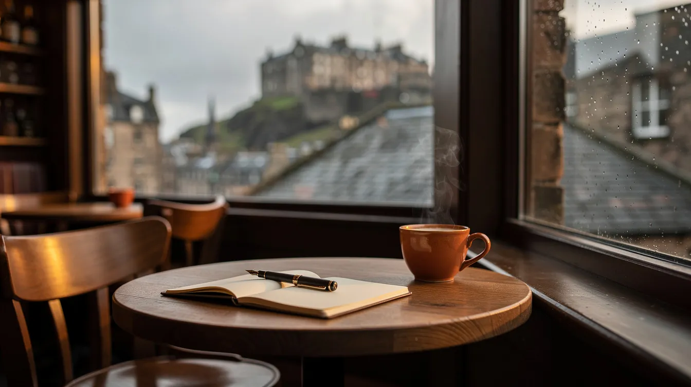 Ein gemütliches Café mit einem kleinen Tisch, auf dem ein Notizblock und ein Stift liegen, bietet einen Blick auf Edinburgh im Hintergrund. Die Atmosphäre lädt dazu ein, über die Werke von J.K. Rowling und ihre berühmte Harry Potter Reihe nachzudenken.