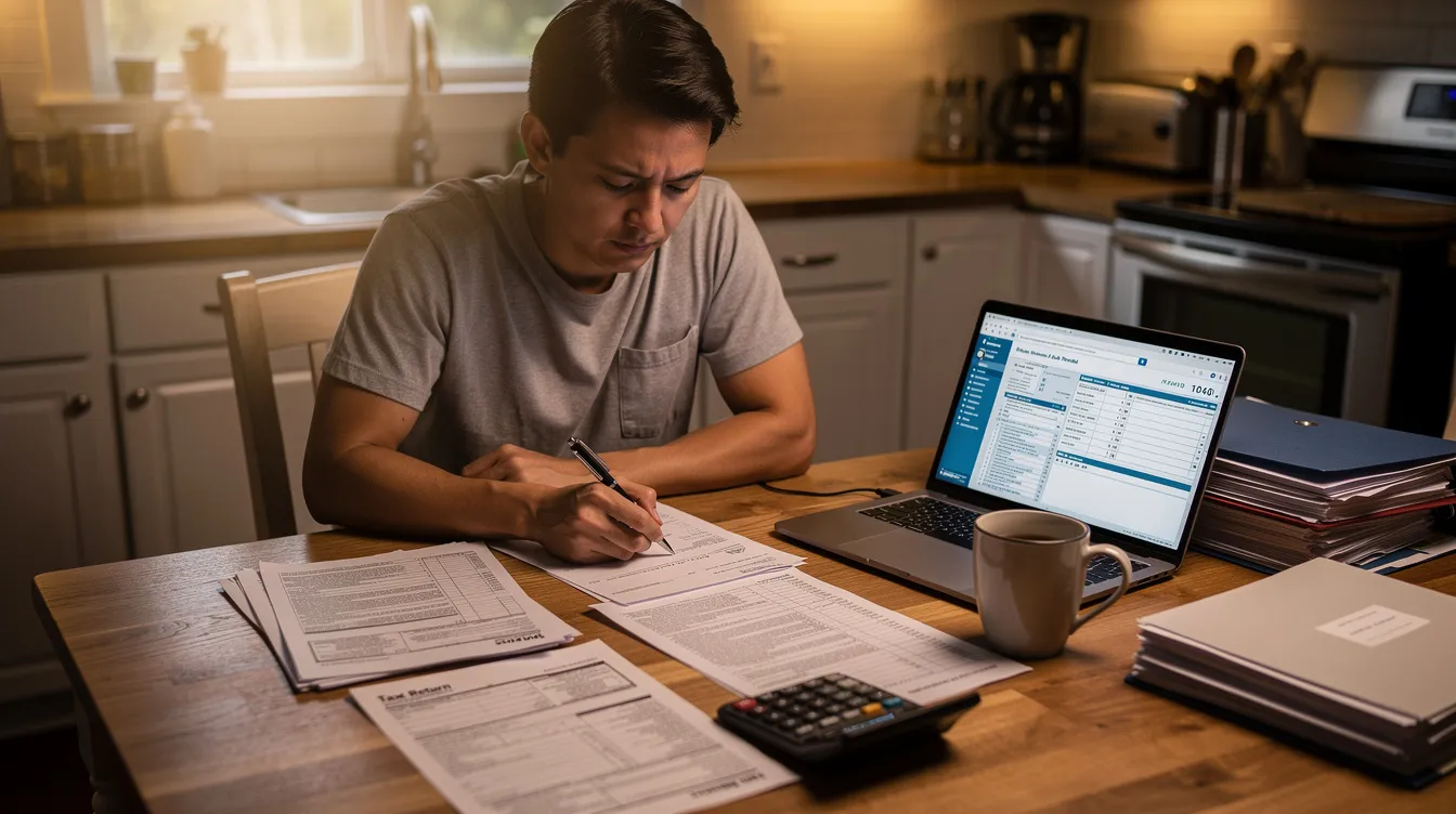 A person is sitting at a kitchen table, focused on reviewing tax documents and using a laptop, likely assessing their financial situation regarding workers compensation benefits and potential tax implications. The scene suggests a consideration of whether these benefits are taxable income, emphasizing the importance of understanding tax consequences for injured workers.