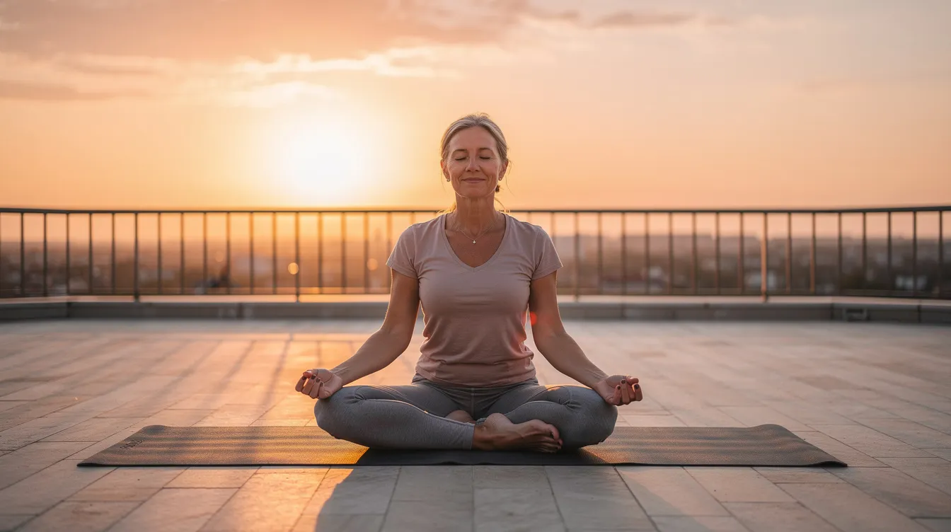 Frau mittleren Alters in entspannter Yoga-Pose bei Sonnenuntergang, sinnbildlich für Wohlbefinden in den Wechseljahren mit pflanzlichen Adaptogenen wie Shatavari