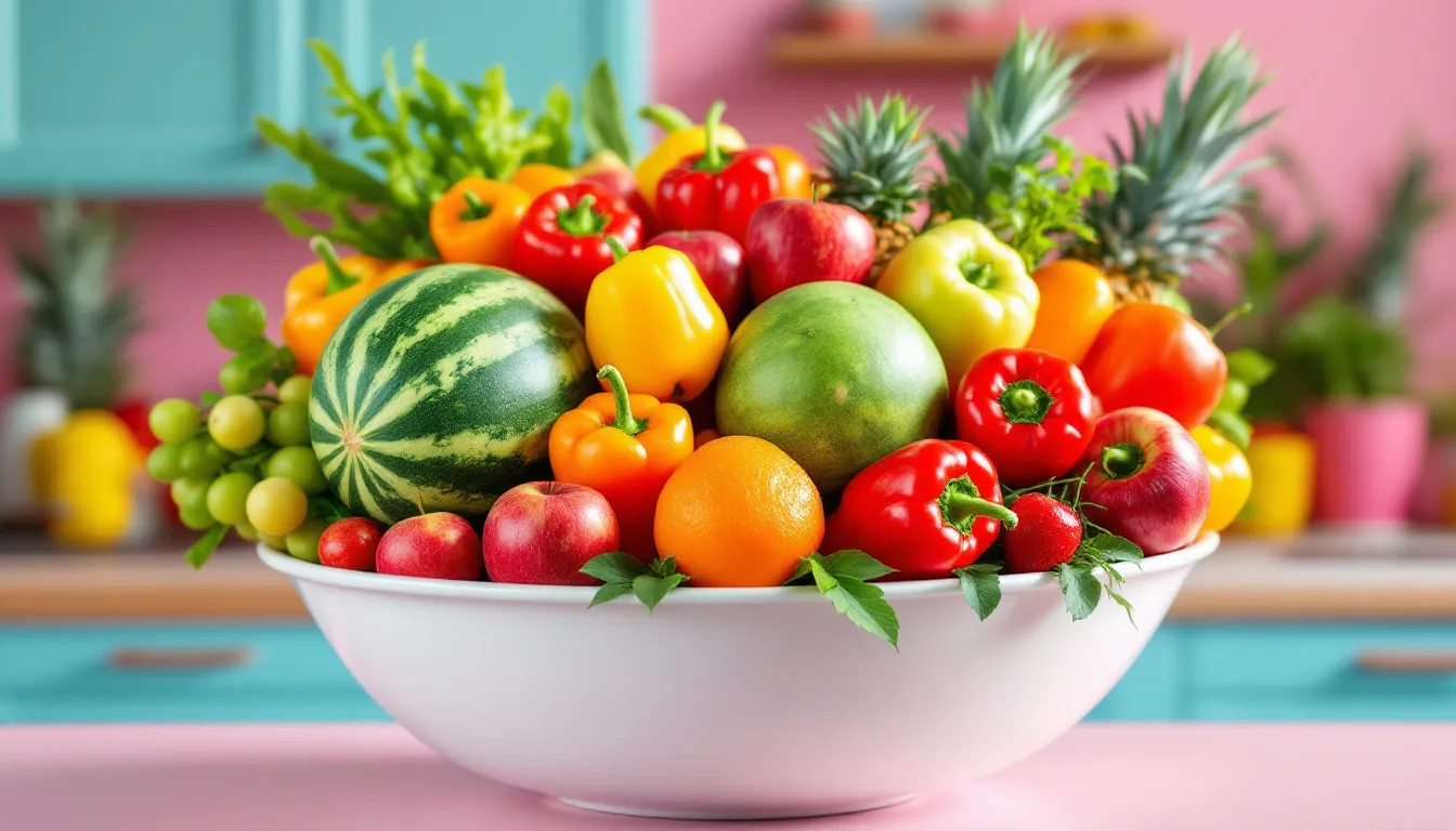 A large bowl filled with fresh organic produce, including various fruits and vegetables.