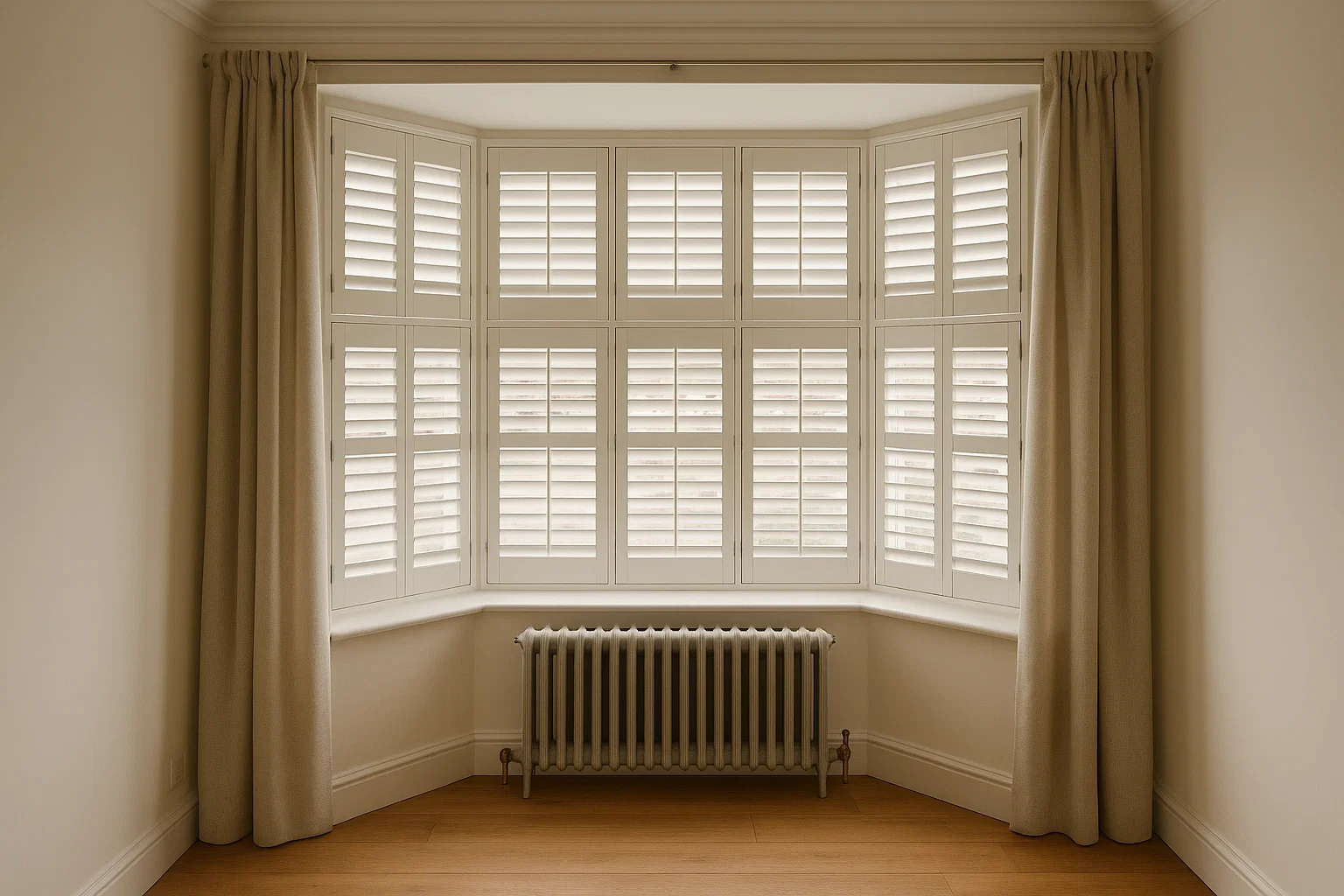Tier on tier shutters fitted to a box bay window in a traditional UK home