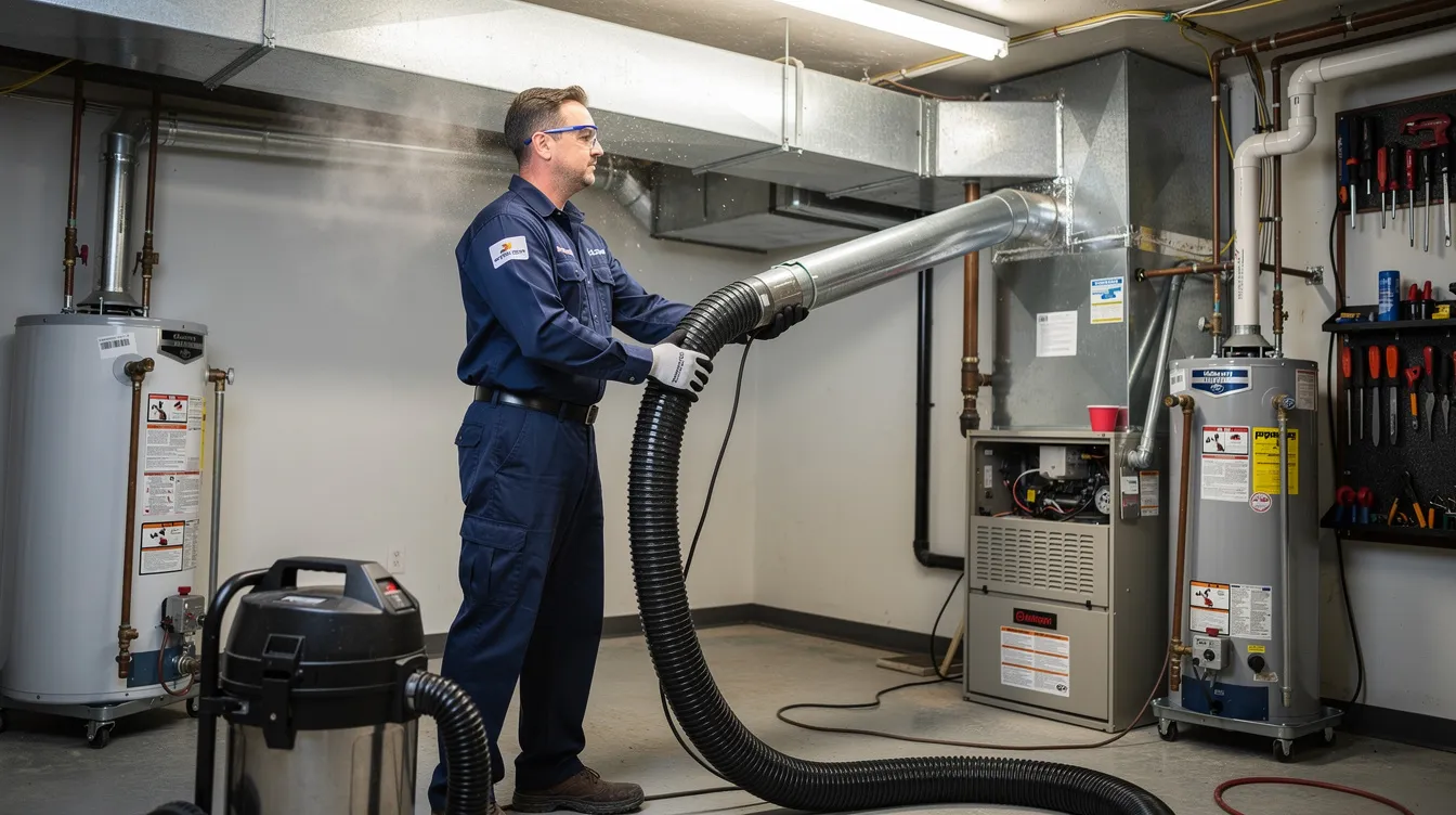 A professional HVAC technician is using a large vacuum hose to clean the ductwork in a residential utility room, ensuring improved indoor air quality by removing dust and contaminants from the air ducts. The technician focuses on enhancing the efficiency of the HVAC system and preventing issues related to stale indoor air and microbial contamination.