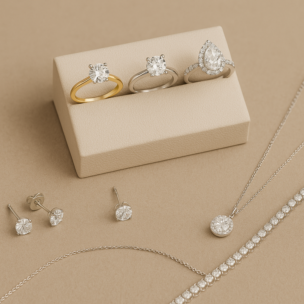 Kolekcijos pristatymas – stilingame stale išdėstyti auskarai su deimantais, pakabukas su deimantu, apyrankė su deimantais ir trys sužadėtuvių žiedai, įskaitant klasikini ir halo dizainus