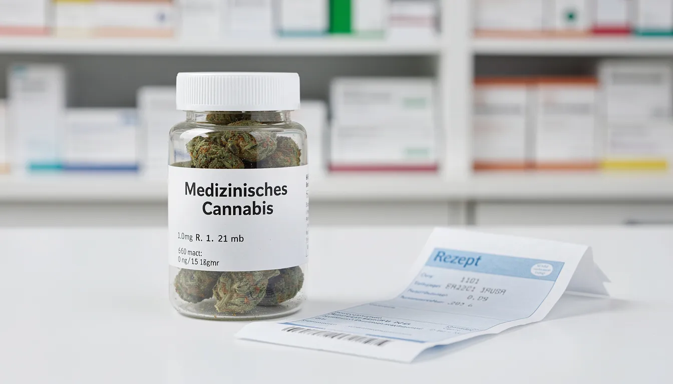 Die Abbildung zeigt medizinische Cannabisblüten in einer Apothekerdose, die zusammen mit einem Rezept präsentiert werden. Diese Blüten enthalten verschiedene Cannabinoide, darunter THC, und können zur Behandlung von Beschwerden eingesetzt werden.