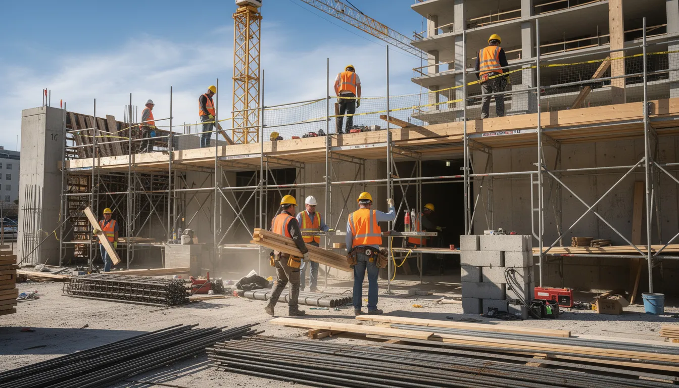 The image shows construction workers on scaffolding at a job site, diligently performing their tasks amidst the structure. Such workplace environments can pose risks, making it essential for injured workers to seek workers compensation benefits and legal support from a workers compensation attorney if accidents occur.