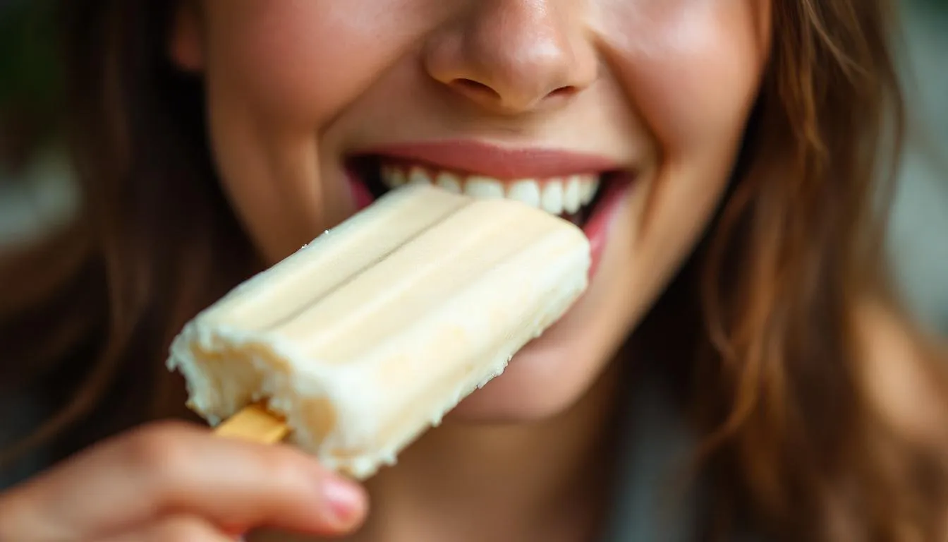 A close-up shot captures someone taking a bite of a delicious protein ice cream bar, showcasing a genuine expression of enjoyment. The bar features a rich chocolate coating and is adorned with chocolate chips, all set against a softly blurred background that enhances its appetizing appeal.