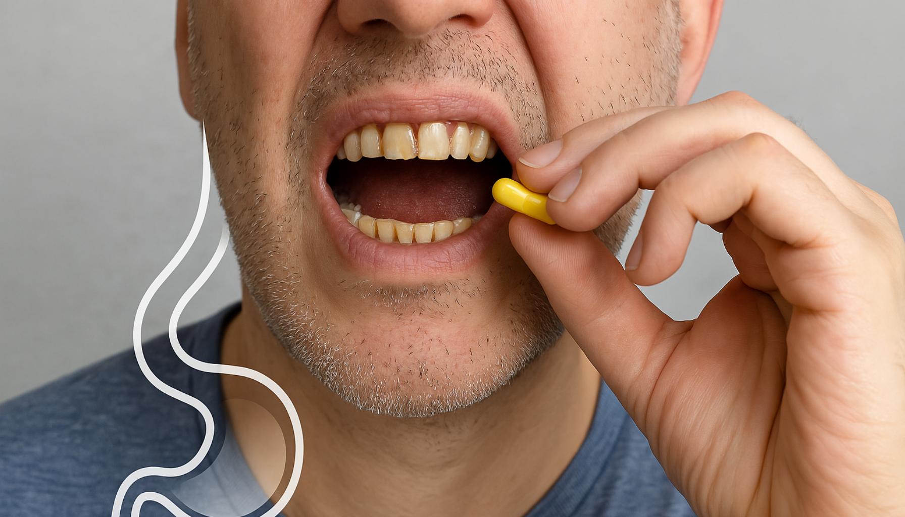 Mann med gule tenner svelger pille, mens illustrasjon viser magesyre på vei opp, tydelig tegn på refluks og tannslitasje.