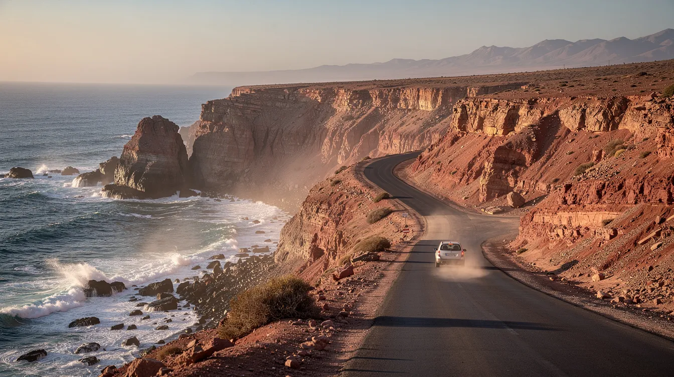 A car on a scenic coastal road overlooking cliffs and the Atlantic Ocean near Essaouira.