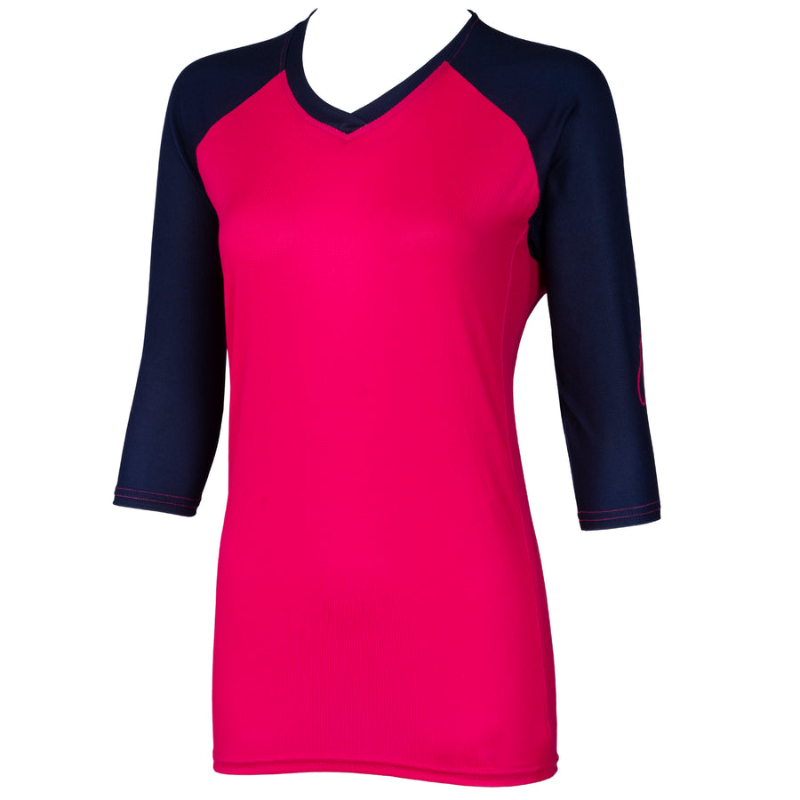 Image showing the Canari Women's Corral 3/4 Sleeve Mtb Jersey - azalea/midnight color, ideal for summer riding.