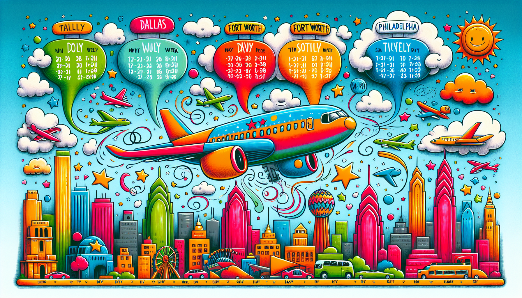 Cartoon showing a weekly flight schedule for flights from DFW to PHL.