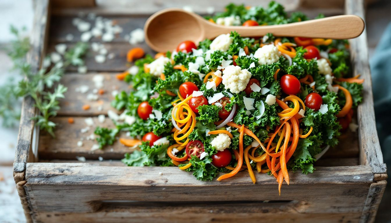 A vibrant kale salad with fresh veggies and dressing.