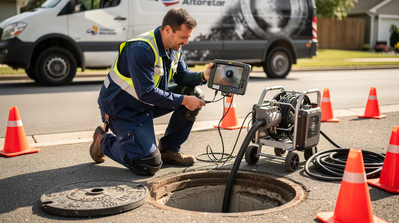 A professional plumber is using specialized camera equipment to inspect an underground sewer pipe for potential issues like a clogged sewer line or tree root intrusion. This proactive approach helps ensure the plumbing system flows smoothly and prevents major blockages in the municipal sewer system.