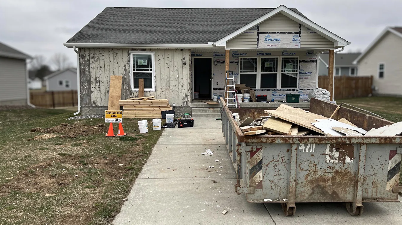 The image depicts a partially renovated single-family home, featuring construction materials scattered on the front porch and a dumpster parked in the driveway, indicating ongoing real estate investment activities. This scene is typical for real estate investors and professionals involved in fix and flip loans or ground-up construction projects in Jacksonville, FL.