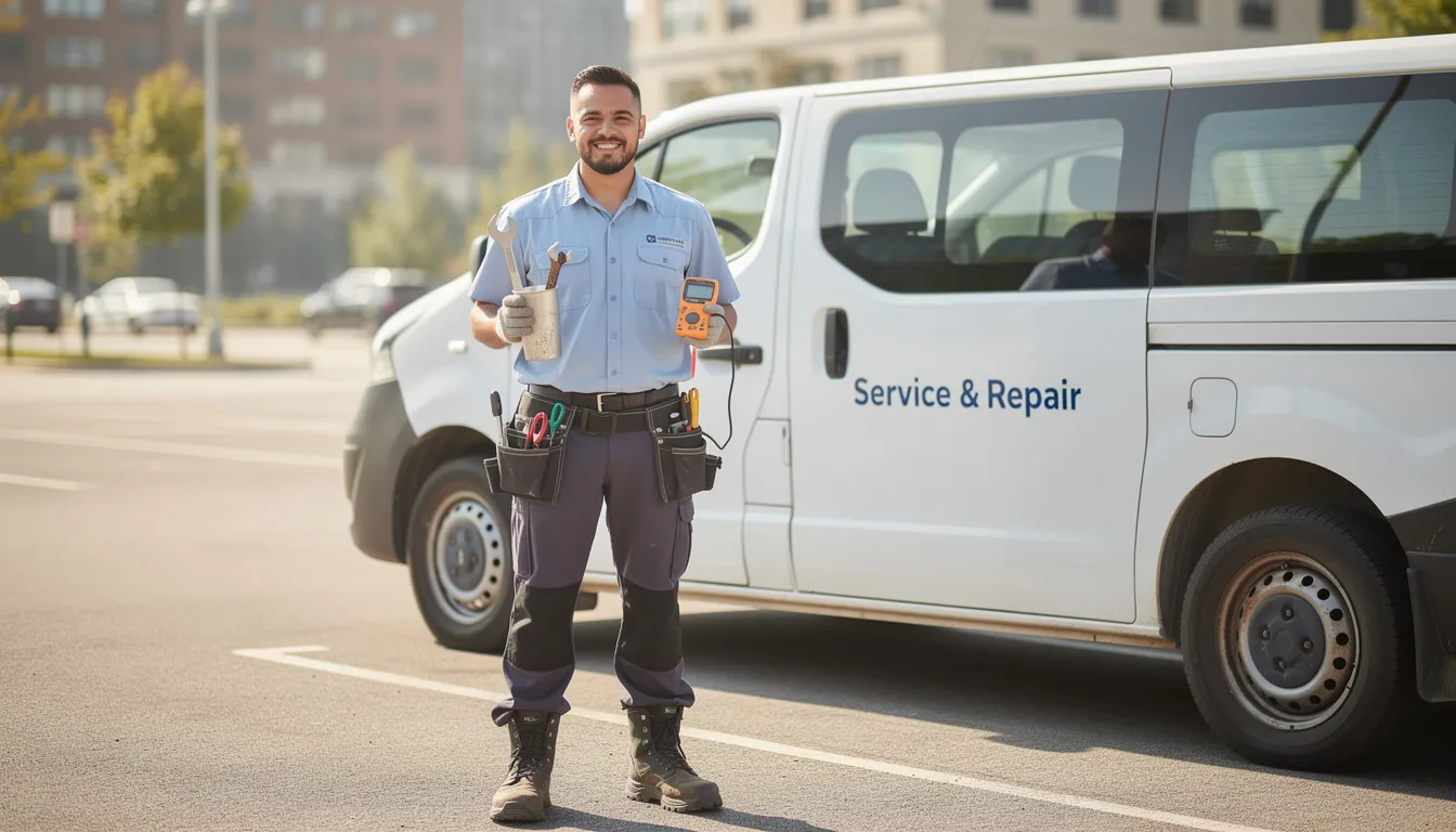 A friendly technician stands next to a white service van, smiling while holding tools, ready to provide professional DSTV installation services. This local DSTV installer is equipped to assist with various needs, including DSTV dish installation and troubleshooting signal problems in Vredenburg.