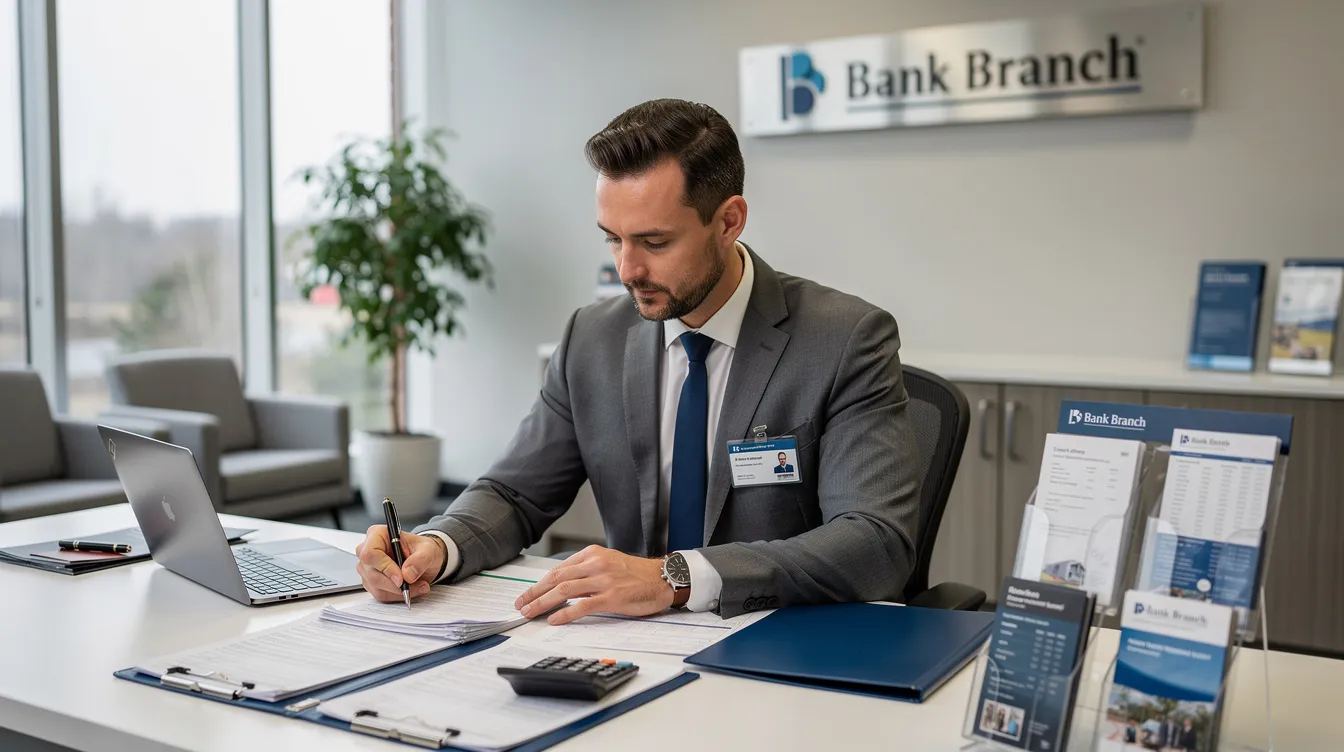 41f64681 c6f1 45fe bf8e c9c35b669b69 A loan officer is seated at a desk in a bank branch, carefully reviewing financial documents, including bank statements and business plans, to assess the eligibility of an applicant seeking financial assistance through the Pradhan Mantri Mudra Yojana. The officer evaluates the applicant's satisfactory credit track record and previous loans to determine the loan amount that can be extended for their micro enterprise.