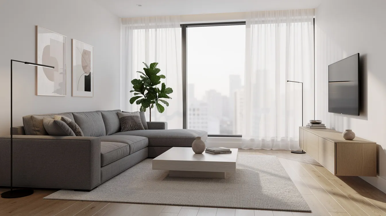 The image features a modern living room showcasing a grey L-shaped sectional sofa positioned in the corner, near large windows that allow natural light to fill the space. This corner sofa provides generous seating, making it an ideal focal point for movie nights and comfortable gatherings in the living area.