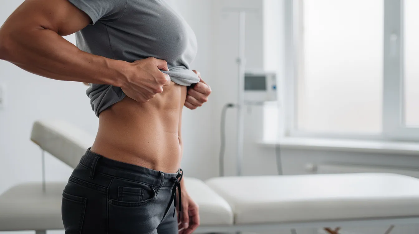 A person stands in profile, showcasing a toned midsection in a clean medical office, illuminated by natural light. This image reflects the results of body contouring procedures like lipo 360, emphasizing the removal of excess fat from the entire midsection, which can help achieve a dream body.