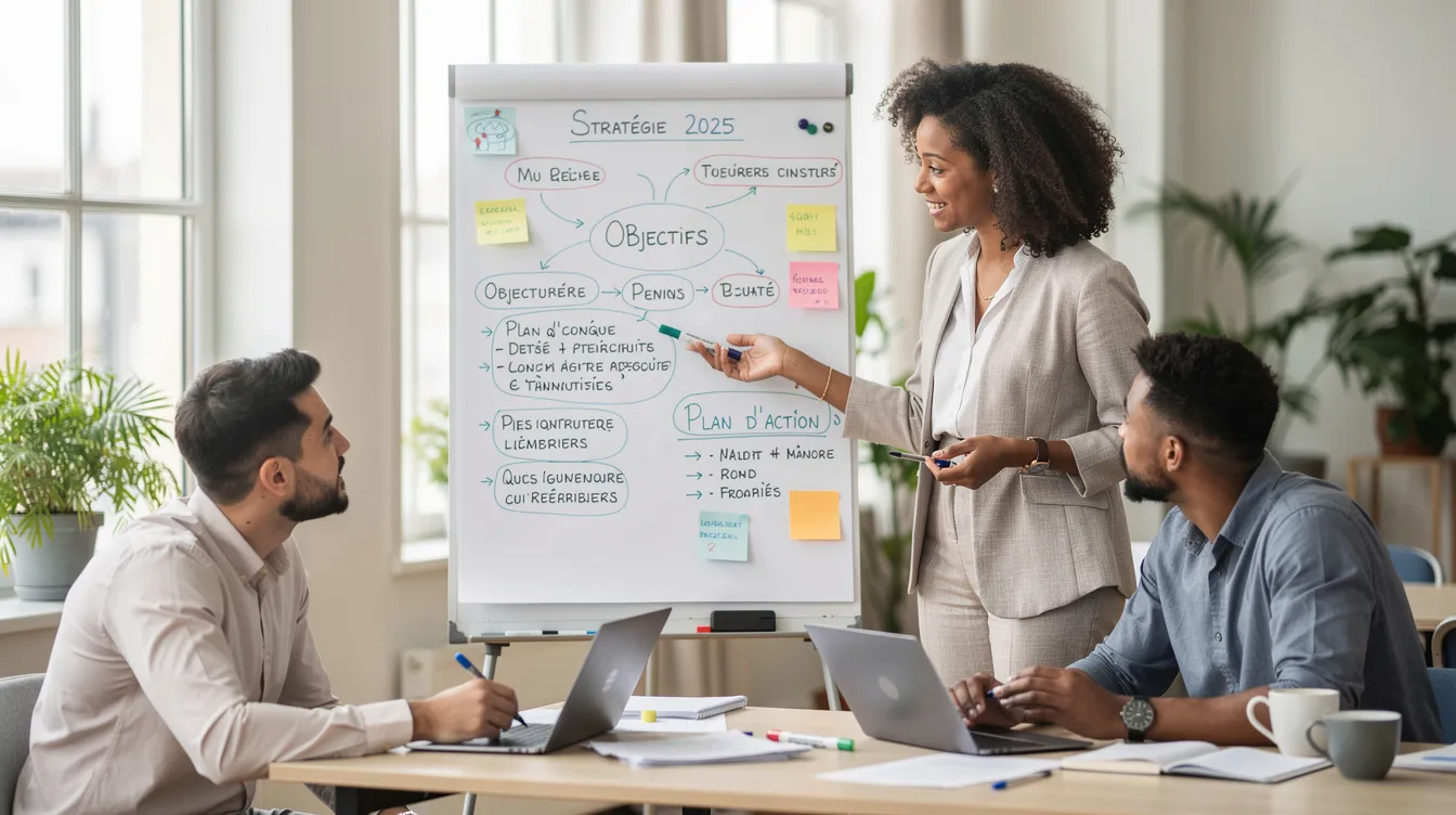 Une image montre un groupe de professionnels collaborant autour d'un tableau blanc dans un espace de travail lumineux, illustrant l'importance de la communication managériale et de la collaboration au sein d'une équipe pour surmonter les obstacles à la communication et améliorer la productivité. Les membres échangent des idées et clarifient des consignes, favorisant ainsi une interaction efficace.