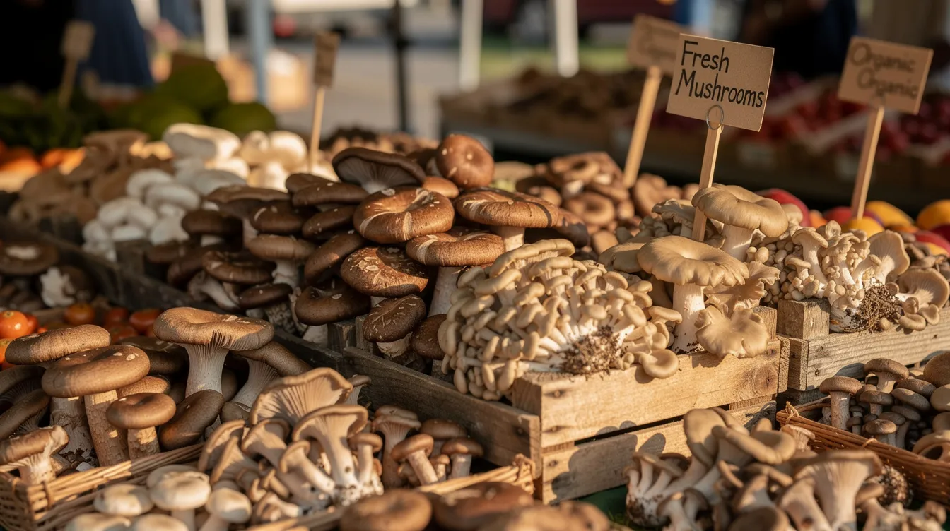 The image showcases a vibrant display of various fresh mushrooms, including shiitake and oyster varieties, arranged attractively at a bustling farmers market. These medicinal mushrooms are known for their potential health benefits, including support for respiratory health and anti-inflammatory properties that may help asthma patients.