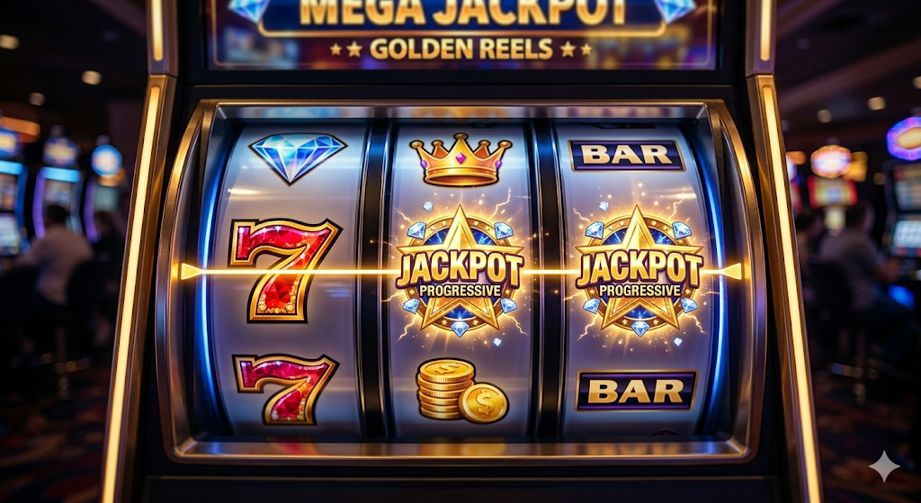 Progressiv jackpot med snurrande hjul och chans på mer vinster senare