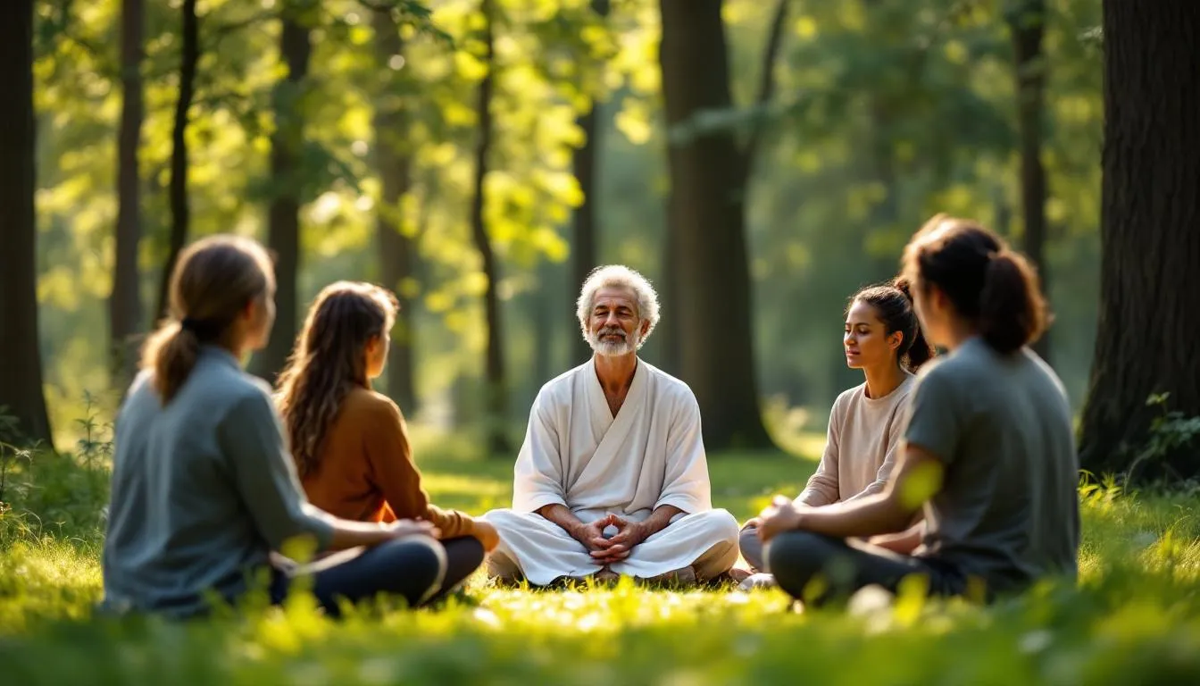 A small group of individuals is engaged in a walking meditation session, led by an experienced teacher in a serene natural setting. The afternoon sun filters through the trees, creating a peaceful atmosphere that enhances their meditation practice, promoting mindfulness and emotional regulation.