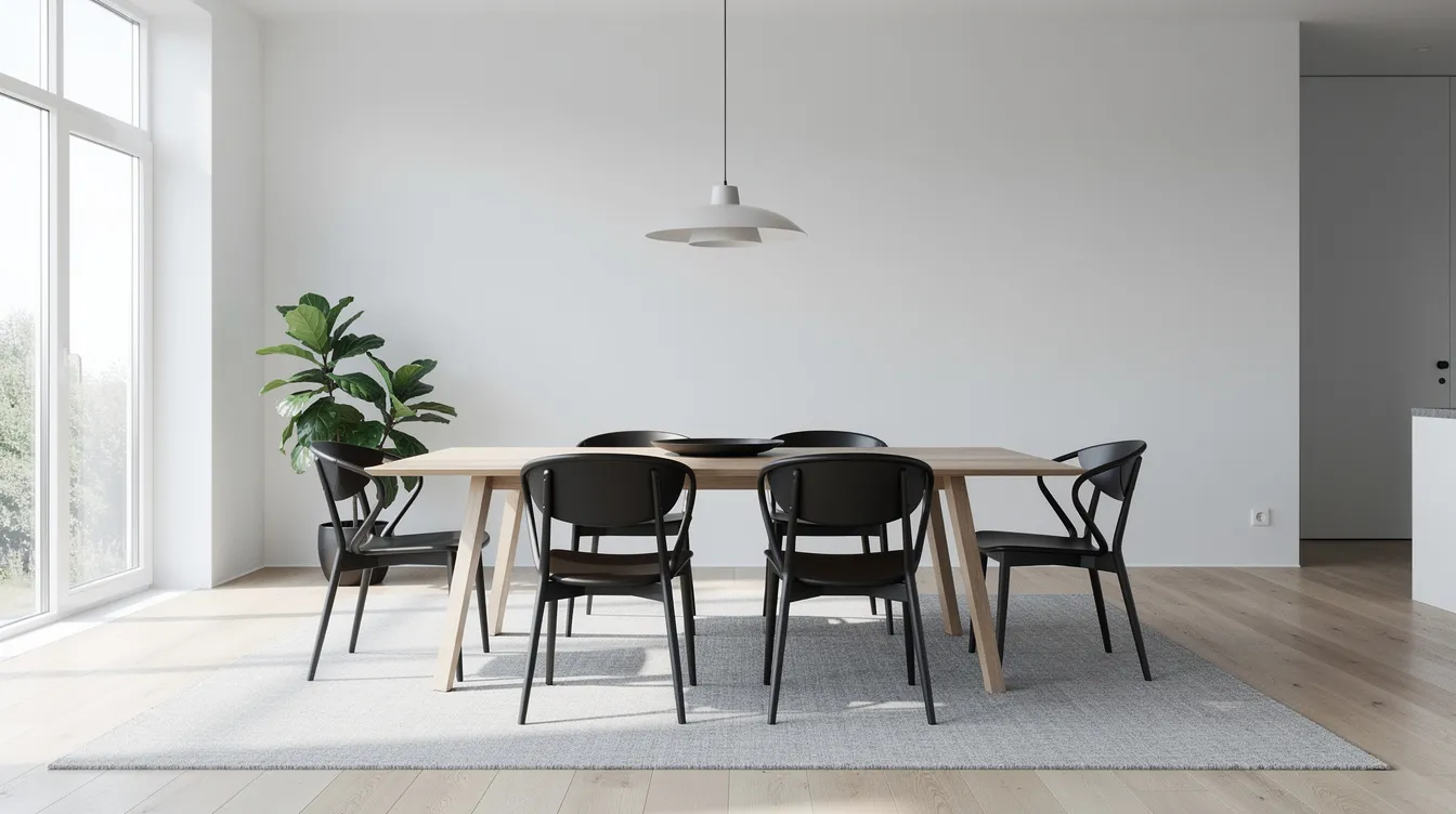 En modern matplats med svarta stolar som omger ett ljust träbord, vilket skapar en stilren kontrast mellan färgerna. Rummet har en inbjudande atmosfär och passar perfekt för sociala samlingar.