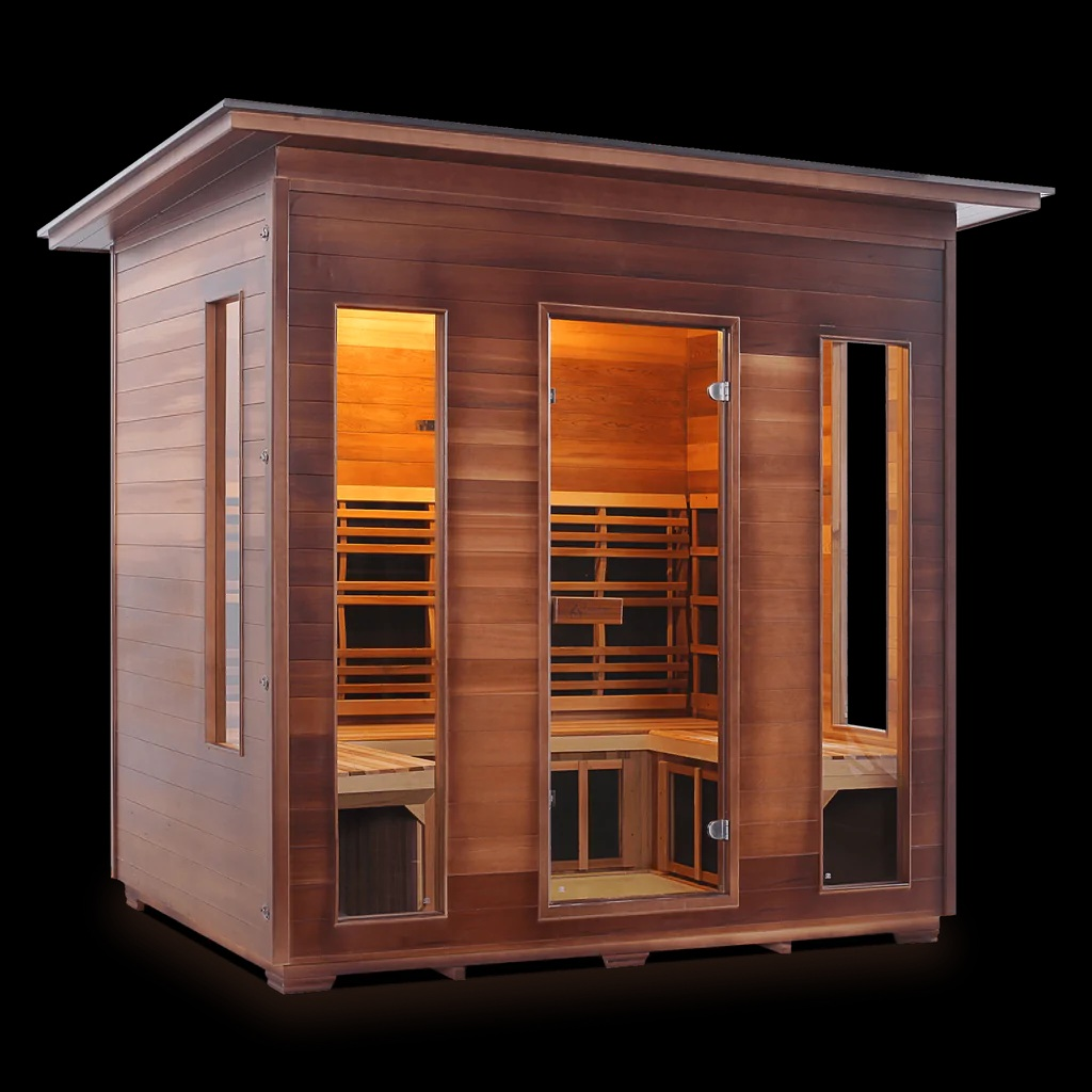 Image of an Enlighten Full Spectrum Sauna, commonly thought of as the best infrared outdoor sauna.