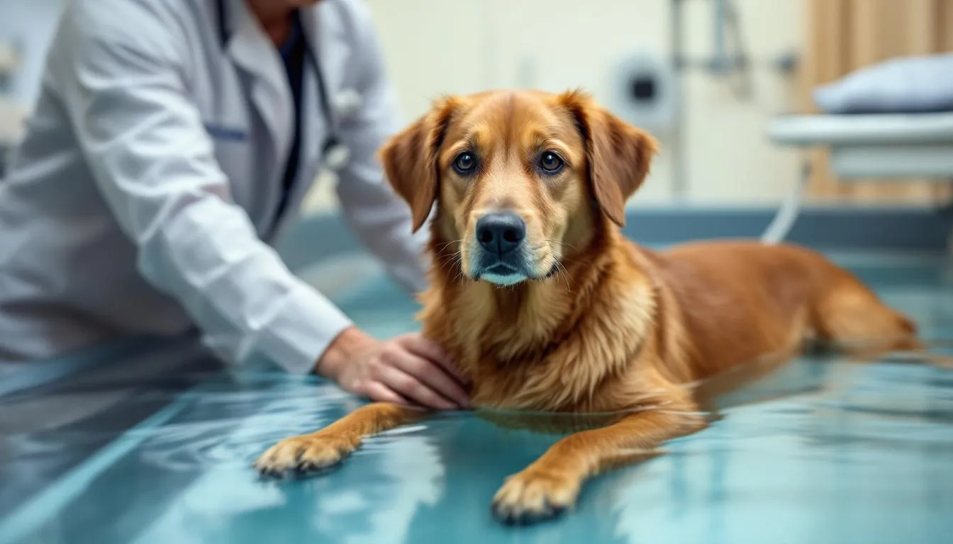 A dog undergoing physical therapy in a hydrotherapy pool is being assisted by a veterinary rehabilitation specialist, focusing on improving mobility and strength in the hind limbs, which can be affected by conditions such as canine degenerative myelopathy. The therapy aims to support dogs experiencing progressive weakness and muscle atrophy due to spinal cord dysfunction.