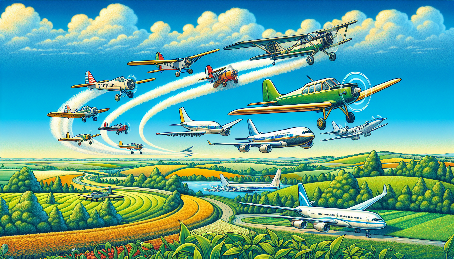 An illustration depicting the transition from crop dusting to passenger service in aviation history.