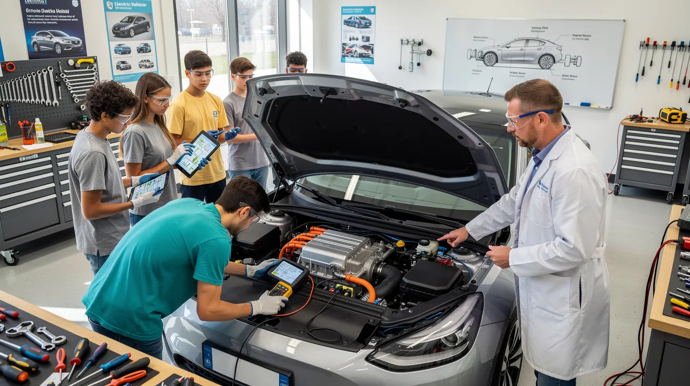 4202f8c4 9b49 4c9c a94a d29358eafa34 The image shows a group of young students engaged in a hands-on workshop, learning to repair an electric vehicle engine, surrounded by various tools and equipment essential for the automotive industry. This educational setting highlights the growing interest in automotive business ideas, particularly in the field of electric vehicles, as these aspiring mechanics gain valuable skills for a successful automotive career.