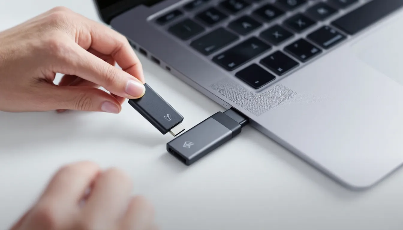 A person securely using a USB-C drive with a laptop.