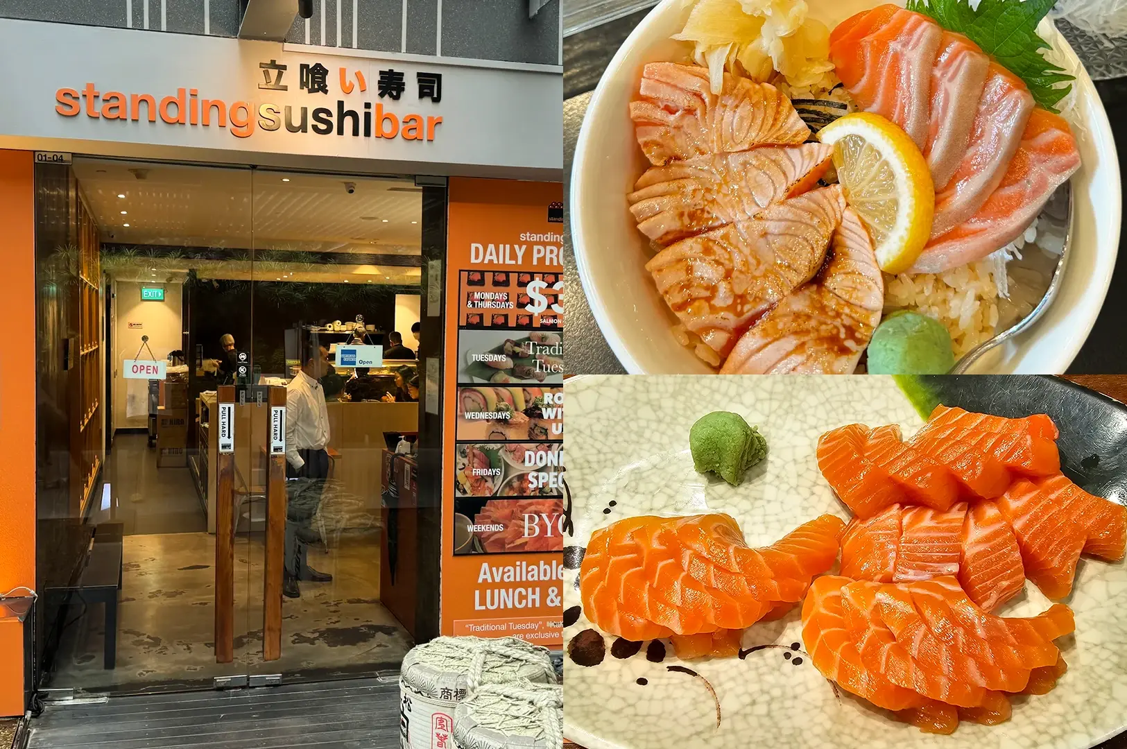 Left: Wide-angle, eye-level view of the Standing Sushi Bar storefront in a commercial building, featuring orange and white signage, glass entrance doors, promotional boards, warm interior lighting, and visible dining tables inside. Upper Right: Top-down close-up of a salmon rice bowl with seared salmon slices, fresh salmon sashimi, a lemon wedge, pickled ginger, green garnish, and rice beneath, highlighting glossy textures and vibrant colors. Lower Right: Top-down close-up of thick-cut salmon sashimi arranged on a ceramic plate with a small portion of wasabi, emphasizing marbled fish texture, clean knife cuts, and a minimalist presentation.