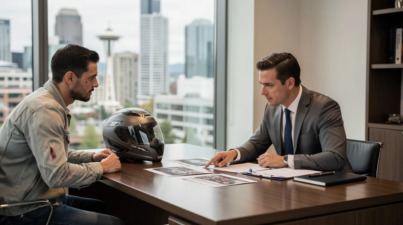 An injured motorcycle rider consults with a Seattle motorcycle accident attorney in a modern law office, discussing accident photos and documents while a motorcycle helmet rests on the desk. The city skyline is visible through the window, creating a professional atmosphere for this personal injury lawsuit consultation.