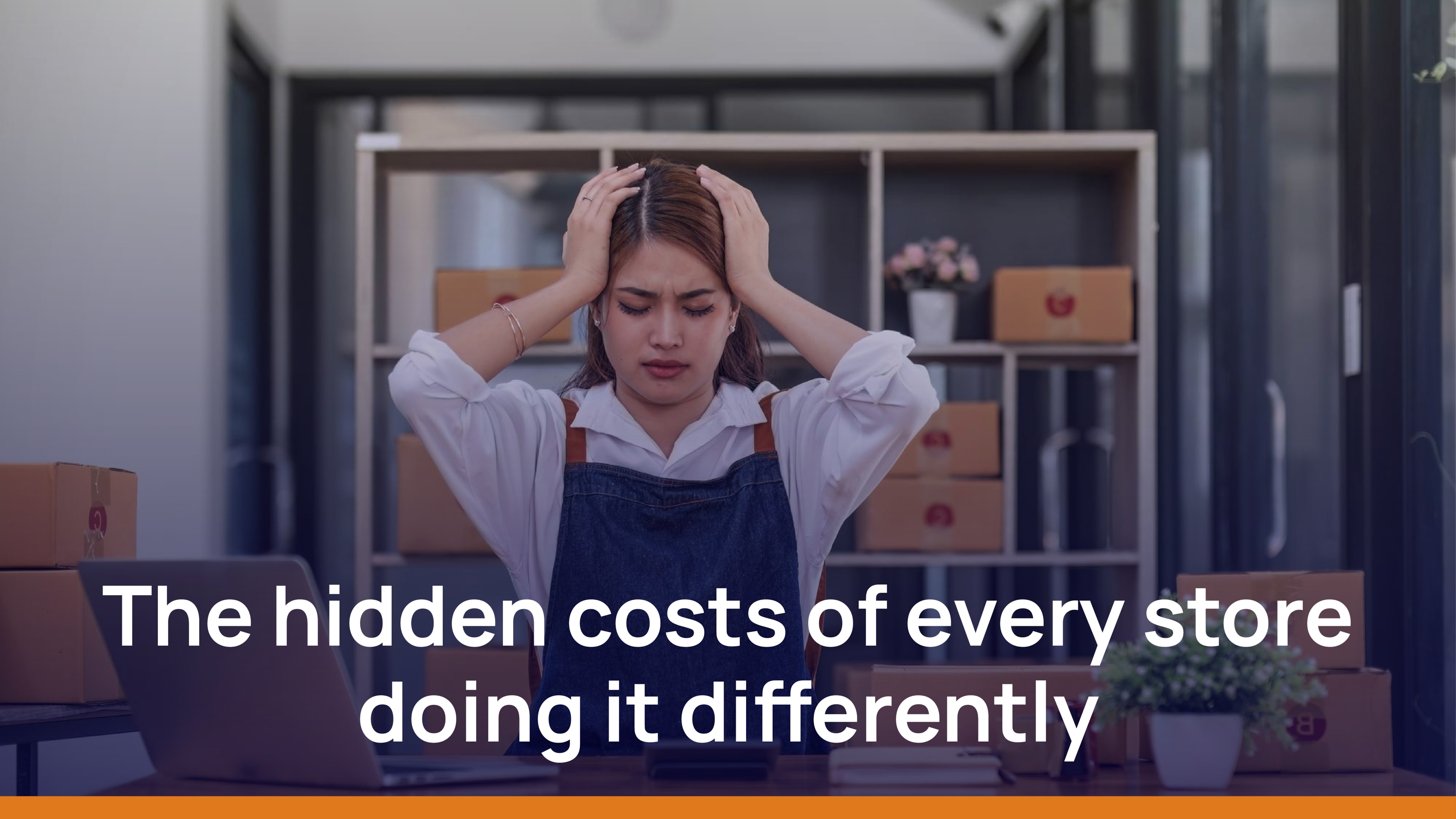 Frustrated retail employee holding her head in a stockroom, visualizing the hidden costs of inconsistent employee communications and critical alerts across locations.