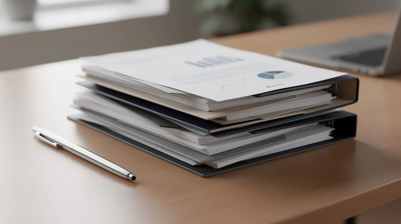 A neat stack of business documents and folders rests on a wooden office desk, providing essential information and support for 中小企. This organized setup is ideal for those looking to gather the latest news and資料 for their immediate申請 needs.