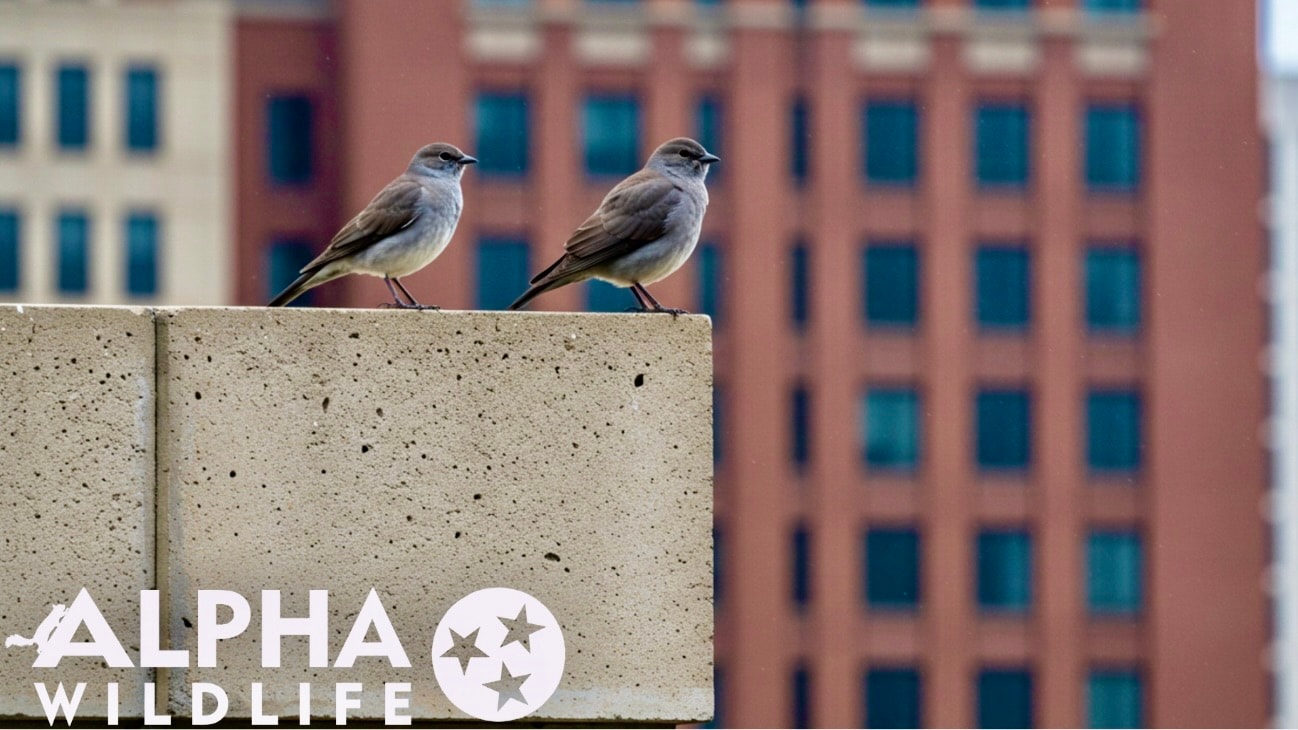 Birds roosting on ledge of building