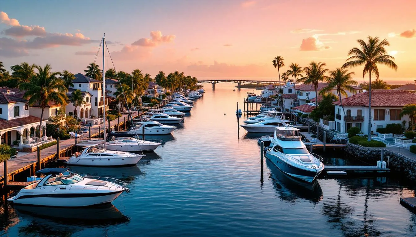 A picturesque view of San Carlos Bay showcases boats gently bobbing on the water, with charming waterfront homes lining the shore, embodying the serene lifestyle of the Sanibel Estates community. This scenic landscape highlights the beauty of Sanibel Island, inviting residents and visitors alike to enjoy the tranquil surroundings and vibrant marine life.