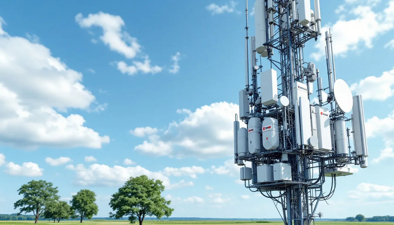 The image shows a tall cell tower equipped with various installations from multiple carriers, highlighting the technology that supports mobile services like Spectrum Mobile and Verizon Wireless. This infrastructure is essential for providing reliable cellular data and internet access to customers, ensuring coverage across different areas.